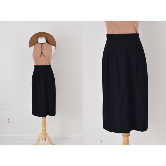 Vintage 80s Wool Black Midi Skirt size 10 |‎ 28 waist - Picture 1 of 9